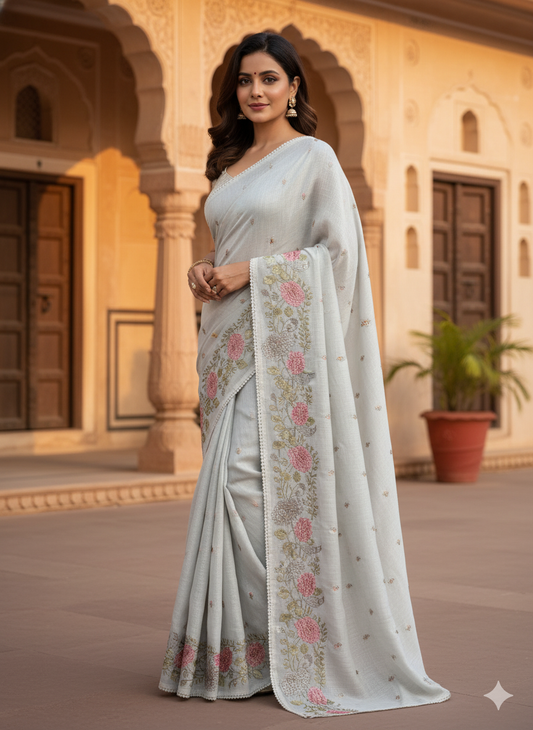 Soft Light Grey Cotton Saree with Delicate Embroidered
