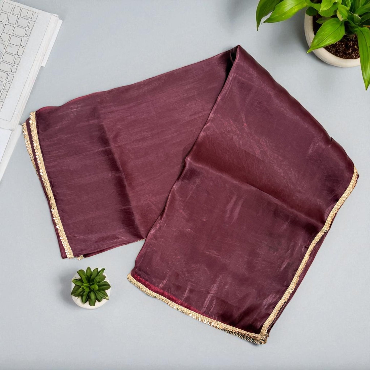 Maroon Organza Saree with Multicolor Embroidered sequence Designer Blouse