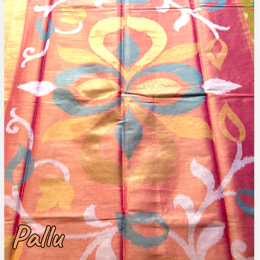 Golden Tissue Saree with Ikat-Inspired Motifs