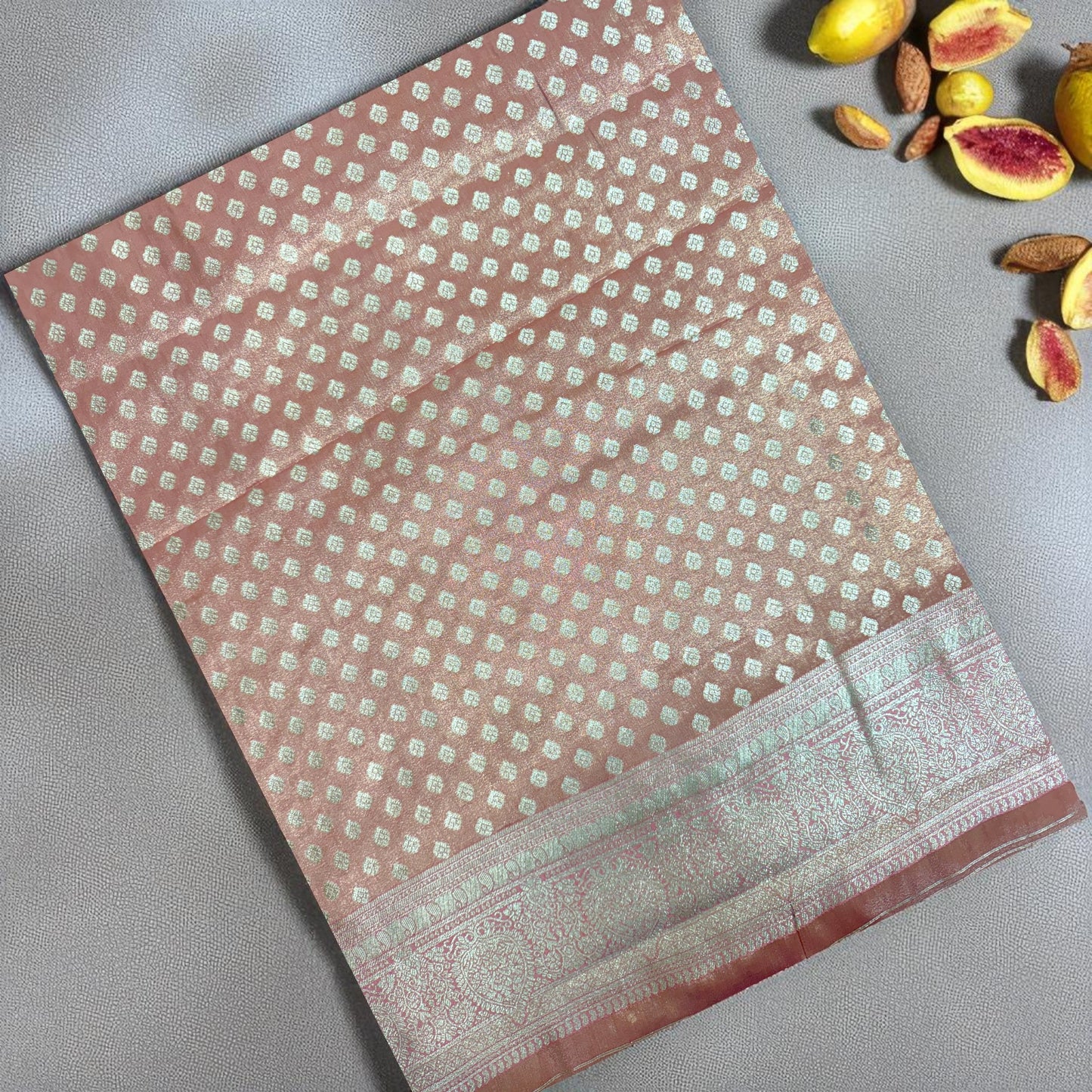 Peach Gold Tissue Saree with Intricate Zari Weaving