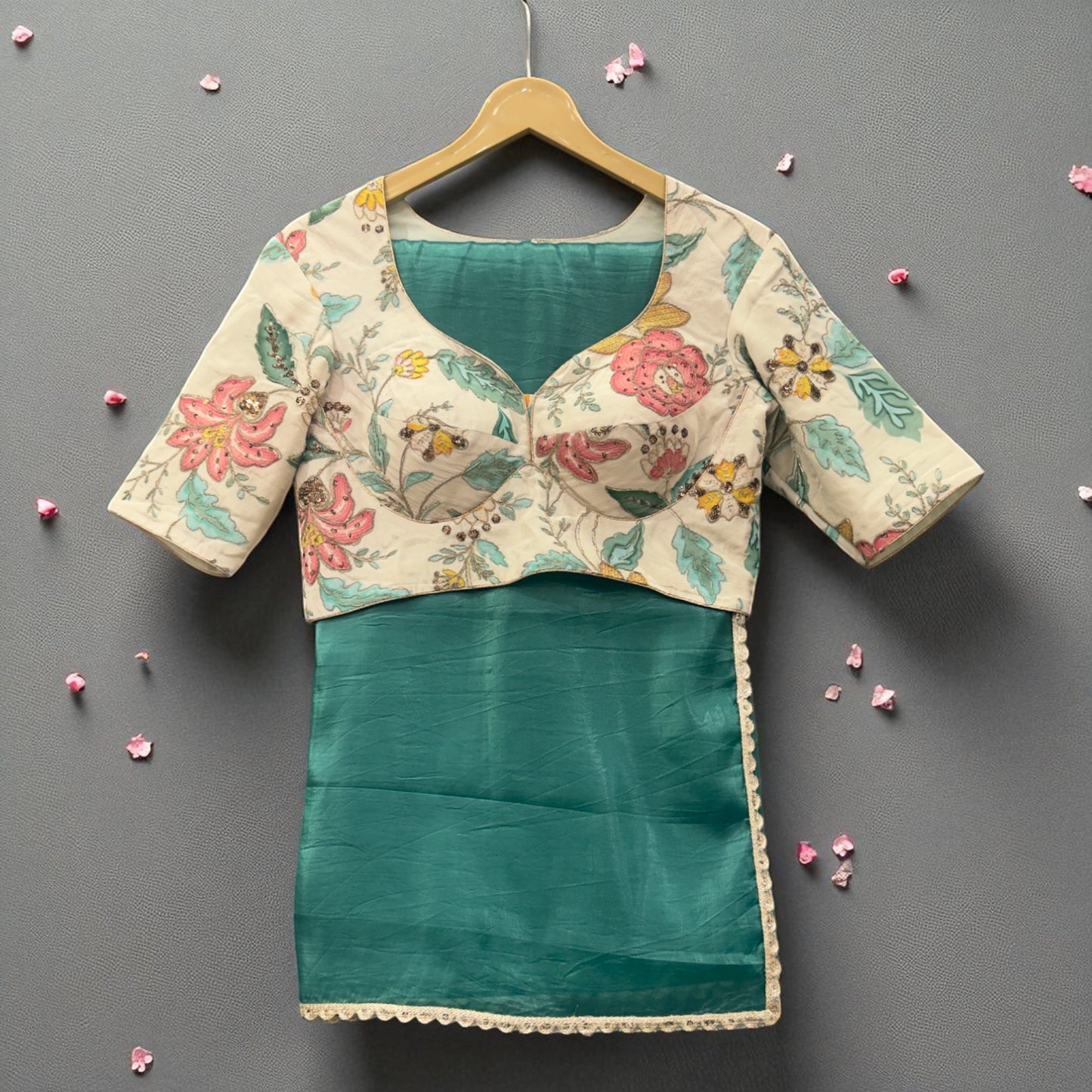 Emerald Green Organza Saree with Handcrafted Floral Blouse