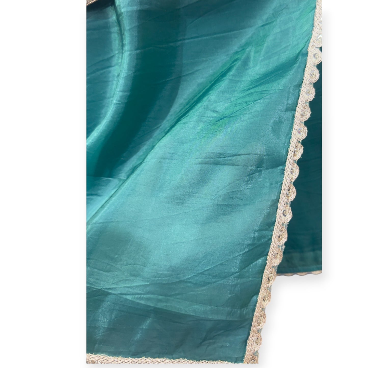 Teal Organza Saree with Rust Geometric Sequence-Work Blouse