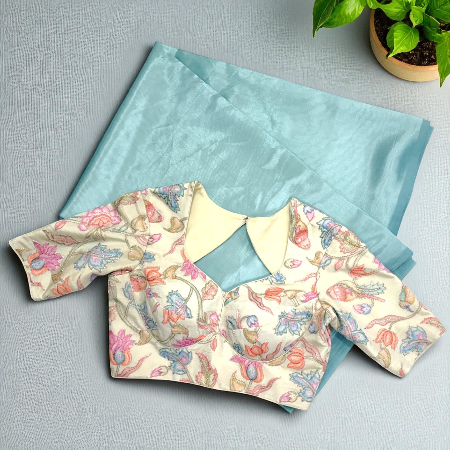 Aqua Blue Soft Silk Saree with Pastel embriodery Blouse