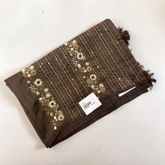 Snuff Brown Silk Saree with Floral Embroidery