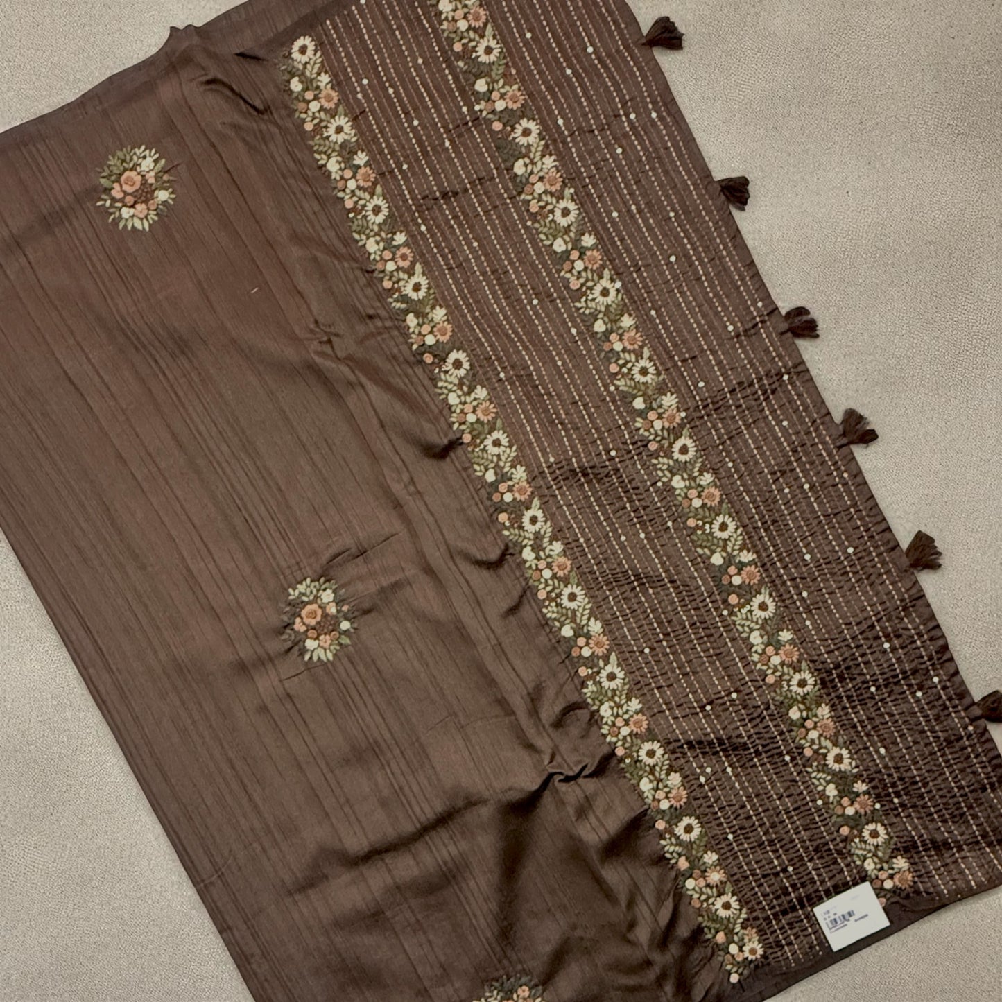 Snuff Brown Silk Saree with Floral Embroidery