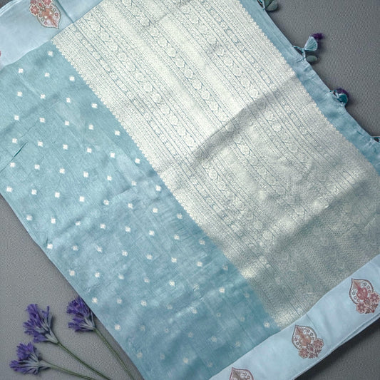 Powder Blue Soft Georgette Silk Saree with Silver Zari Weave