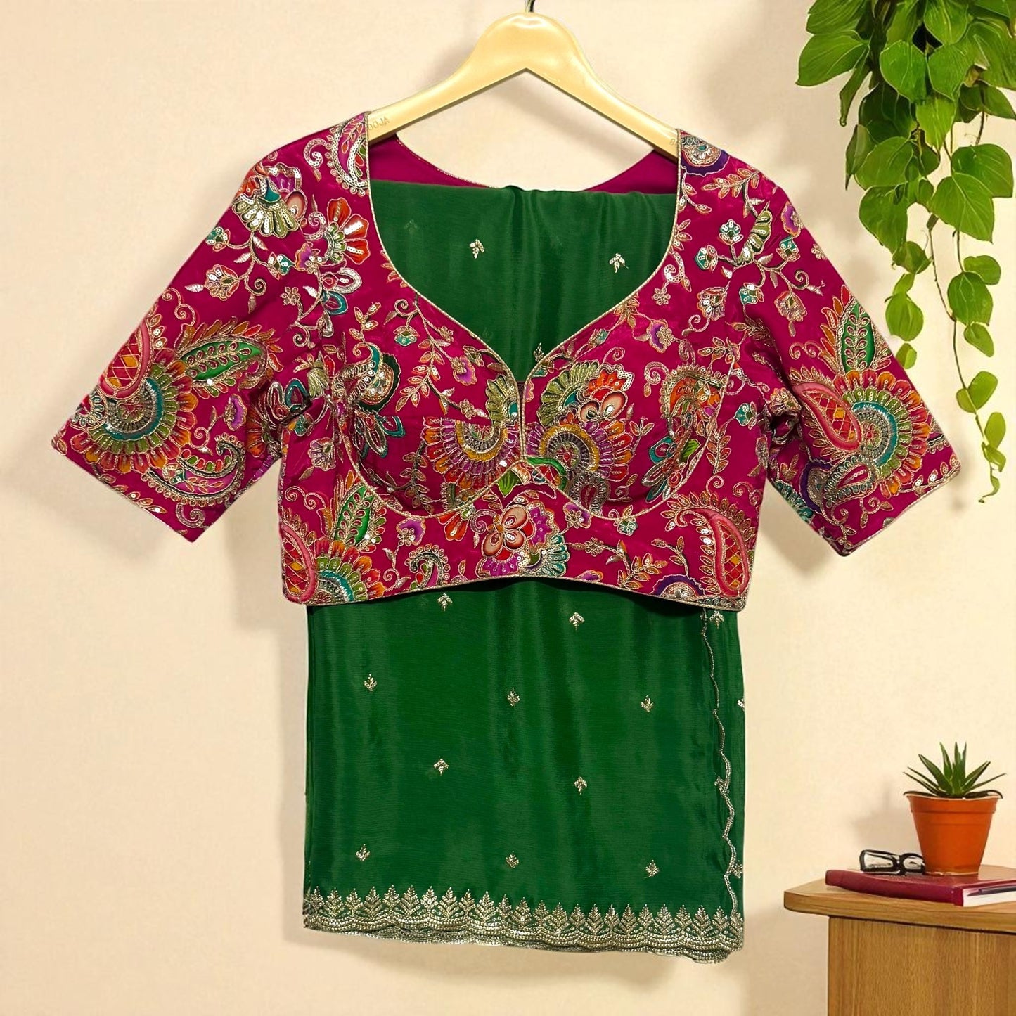 Rich Pink blouse with Emerald green saree