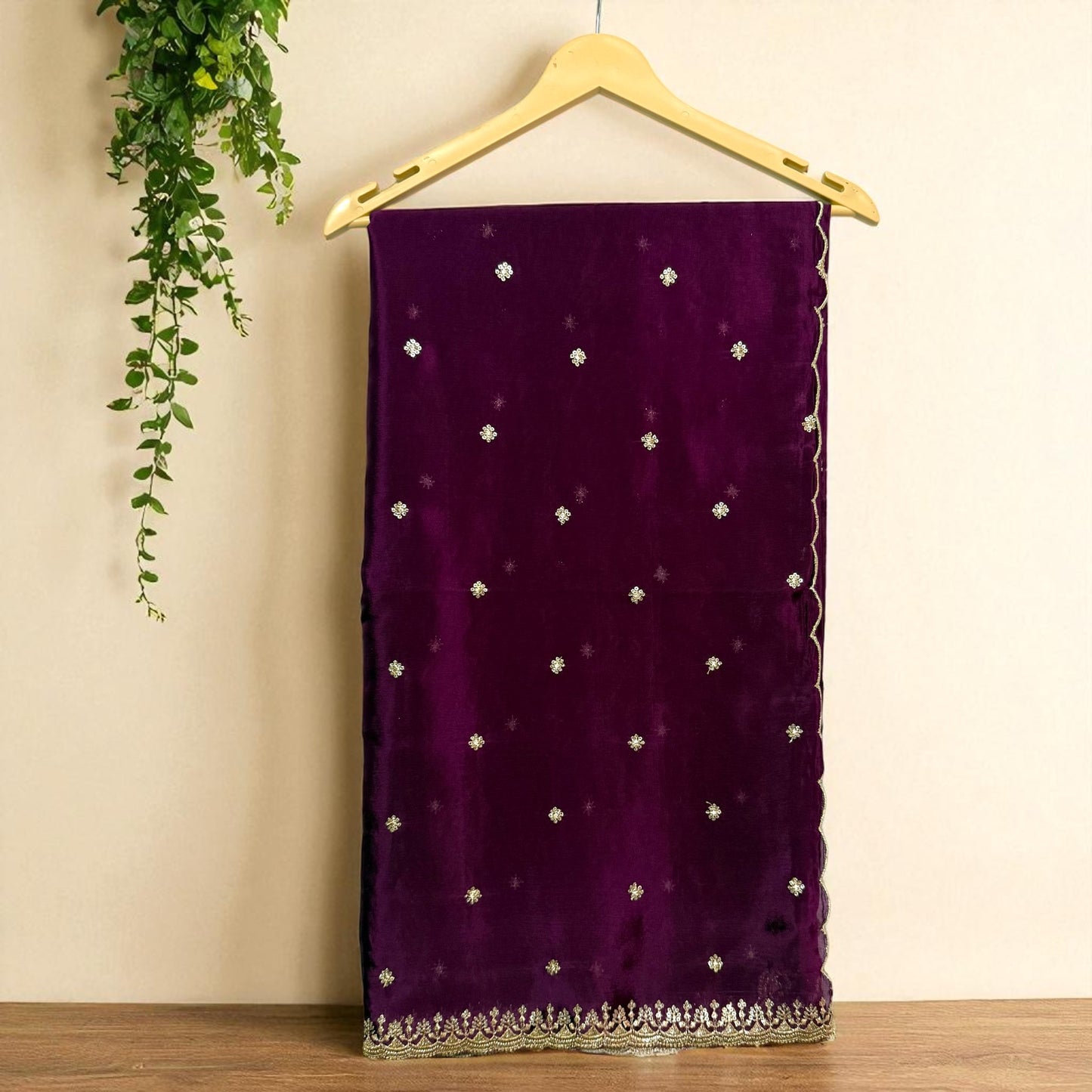 Wine colour Saree with Handcrafted Golden Zari Embroidered Blouse