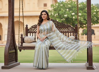 Elegant Grey Striped Organza Saree with Hand-Embroidered Floral Blouse (Copy)
