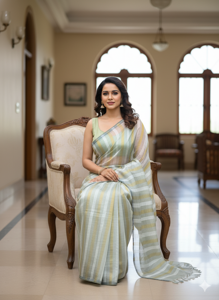 Elegant Pistachio Green Striped Organza Saree with Hand-Embroidered Floral Blouse