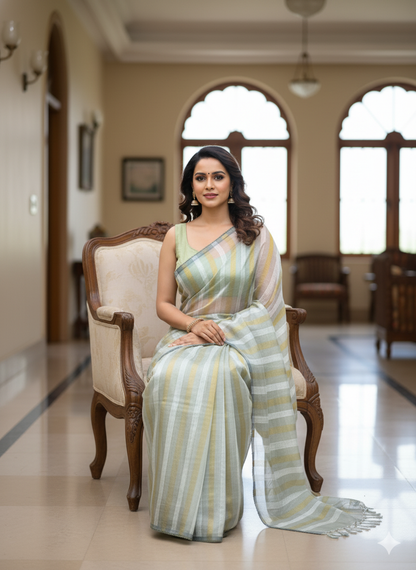 Elegant Pistachio Green Striped Organza Saree with Hand-Embroidered Floral Blouse