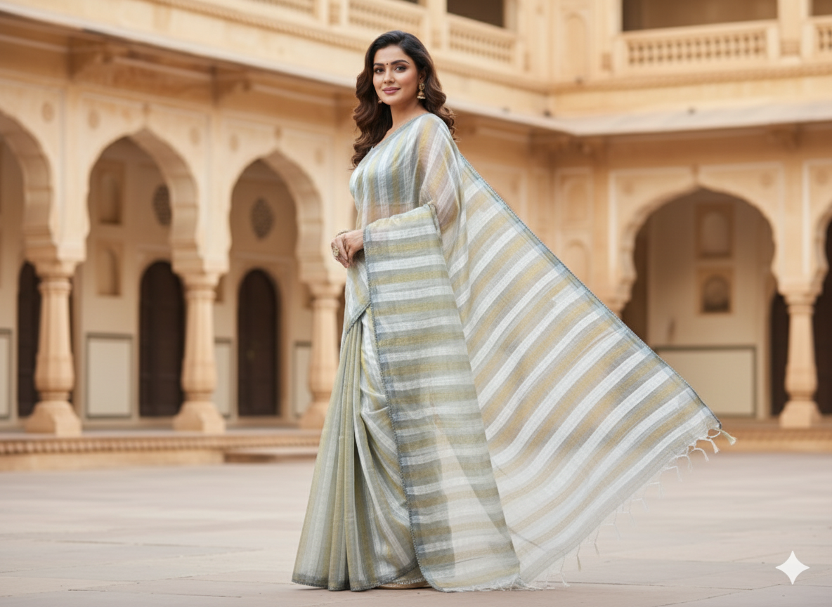 Elegant Grey Striped Organza Saree with Hand-Embroidered Floral Blouse (Copy)