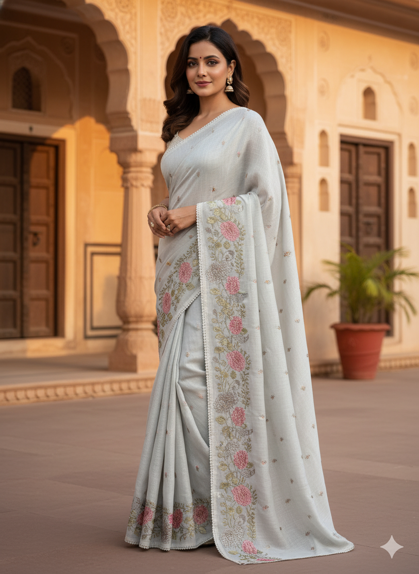 Soft Light Grey Cotton Saree with Delicate Embroidered