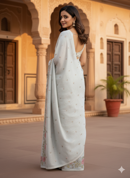 Soft Light Grey Cotton Saree with Delicate Embroidered