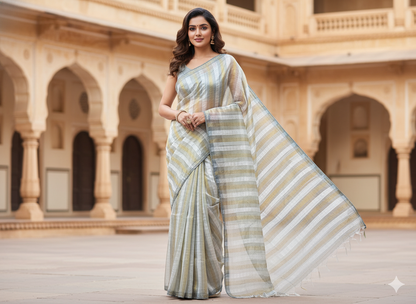 Elegant Grey Striped Organza Saree with Hand-Embroidered Floral Blouse (Copy)