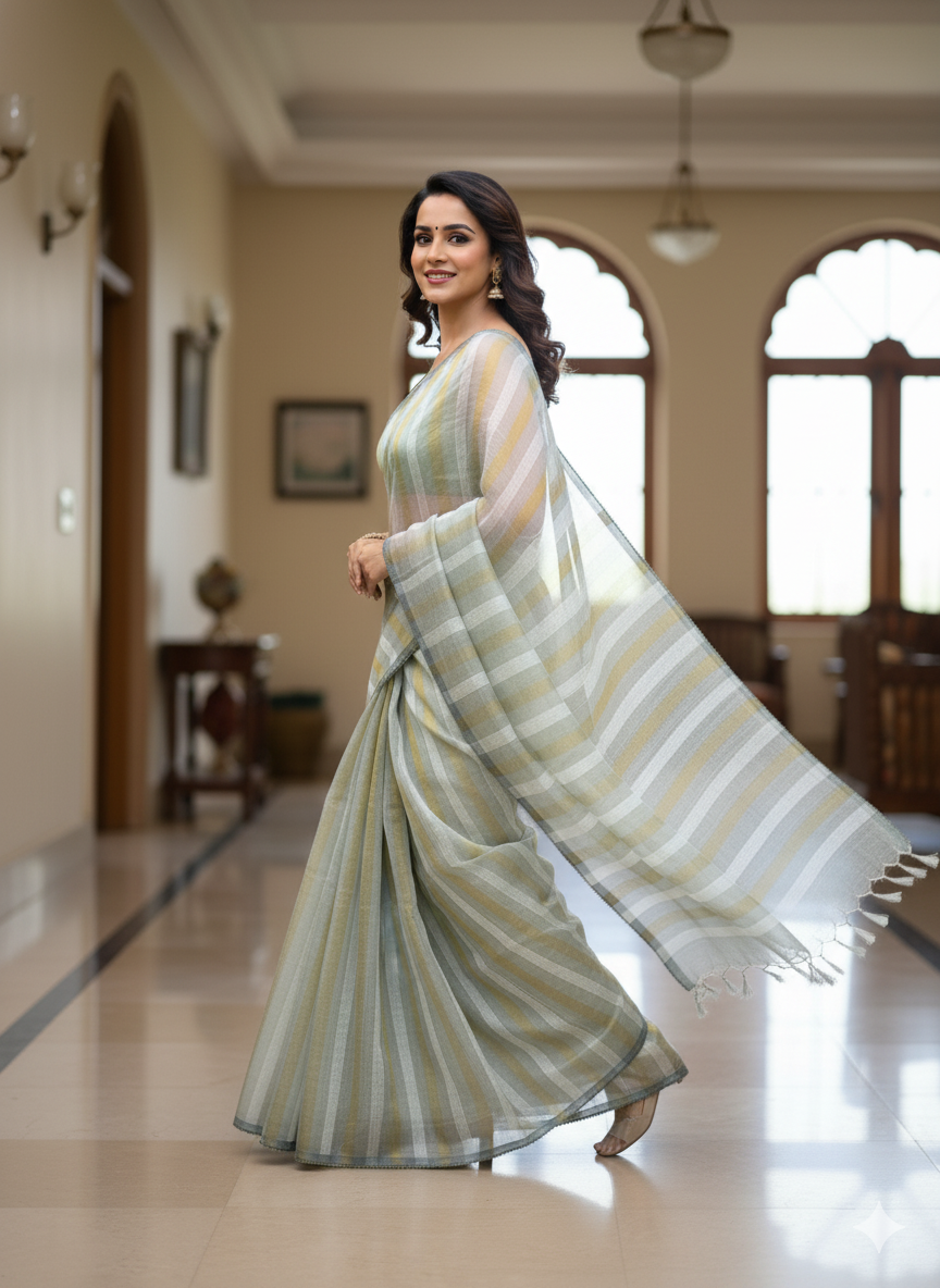 Elegant Pistachio Green Striped Organza Saree with Hand-Embroidered Floral Blouse