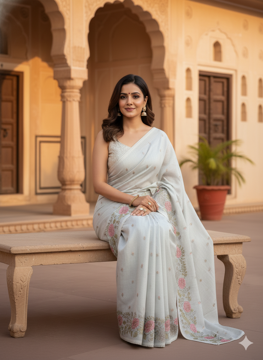 Soft Light Grey Cotton Saree with Delicate Embroidered