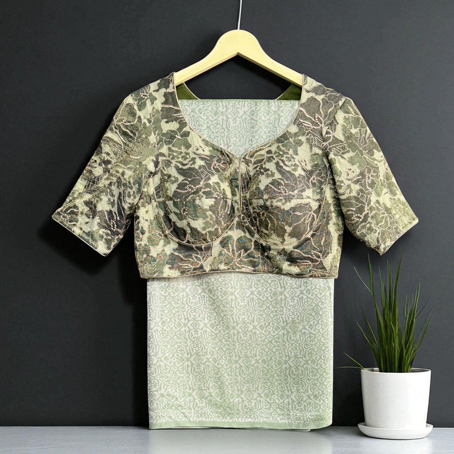 Olive Green Soft Silk with Floral crepe tissue Blouse| Saree Heritage