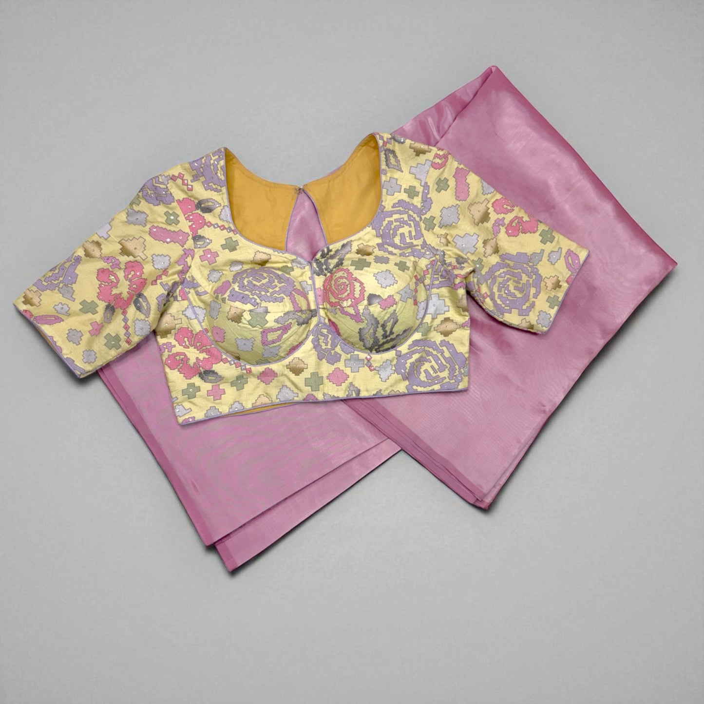 Mauve Soft Silk with Pastel Pixel-Pattern Blouse