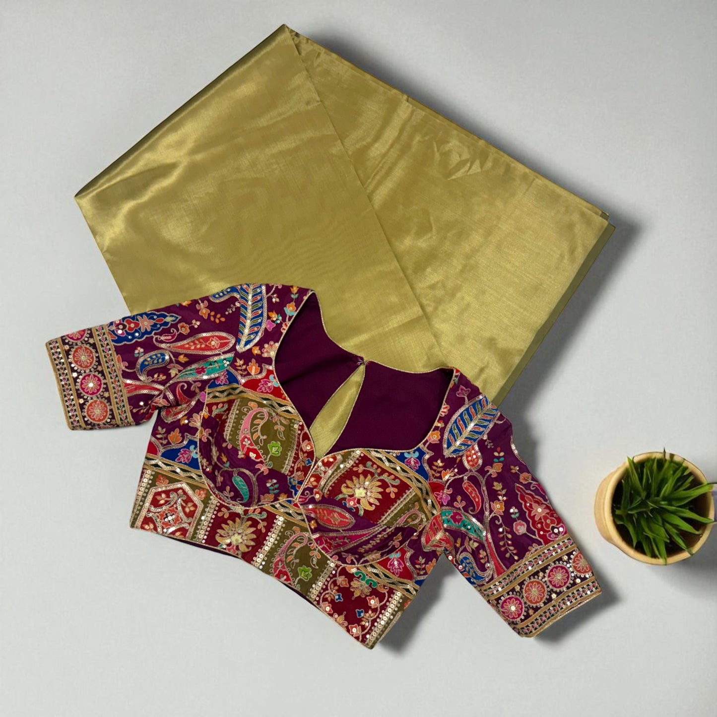 Olive Green Soft Silk with Multi-Colored Embroidered Blouse