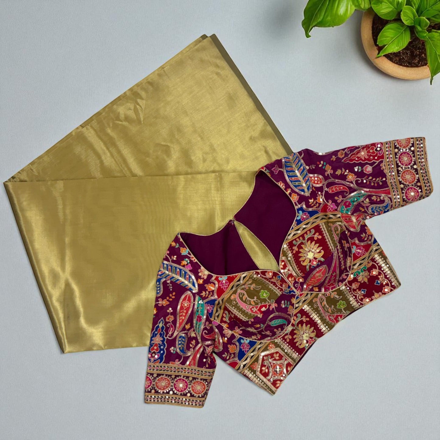 Olive Green Soft Silk with Multi-Colored Embroidered Blouse