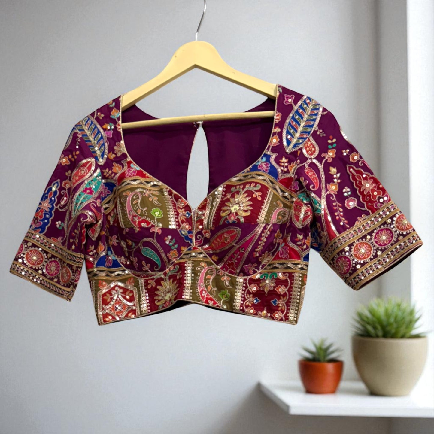 Olive Green Soft Silk with Multi-Colored Embroidered Blouse