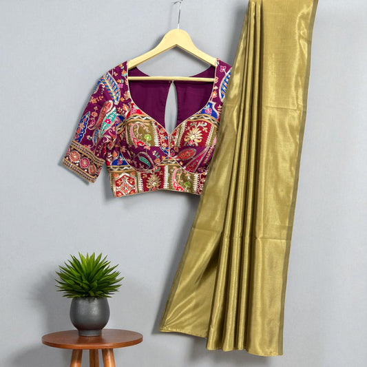 Olive Green Soft Silk with Multi-Colored Embroidered Blouse