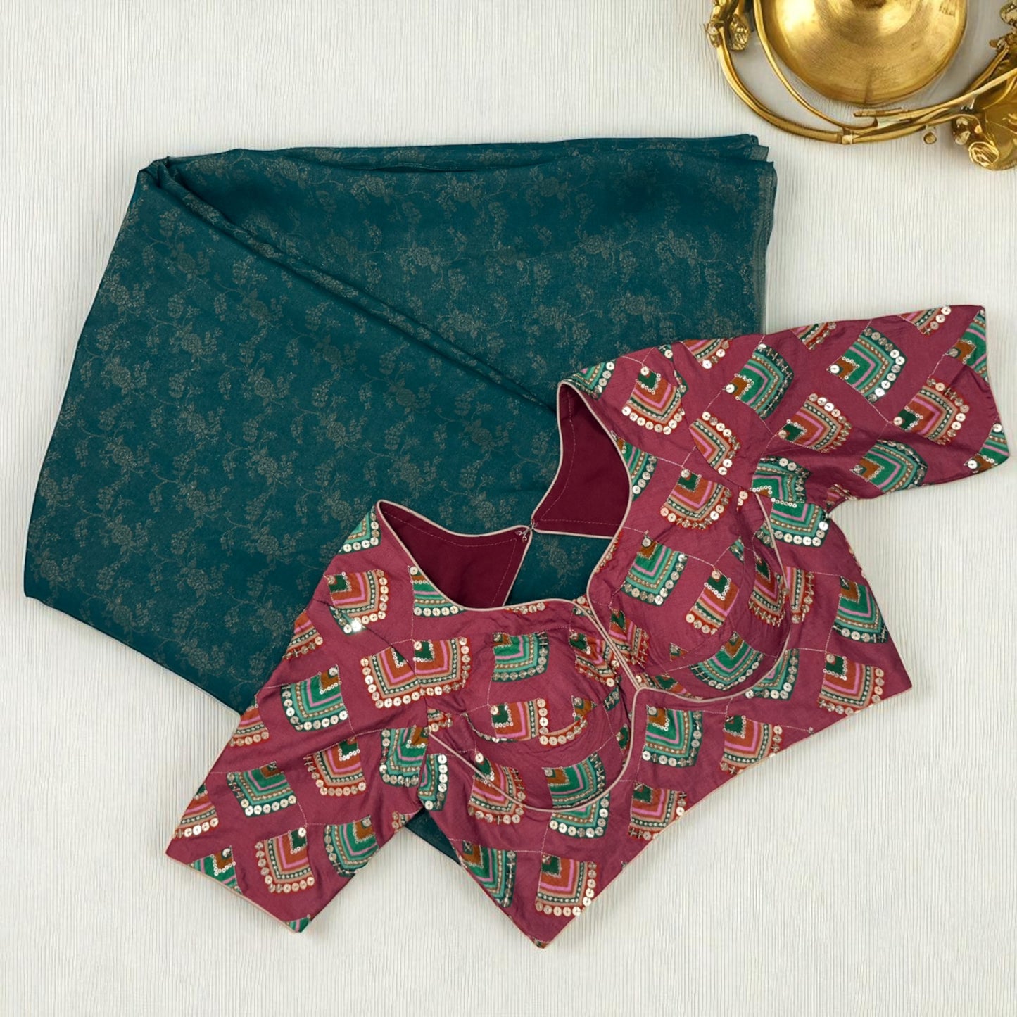 Teal Green Tissue Saree with Geometric Design Sequin Blouse