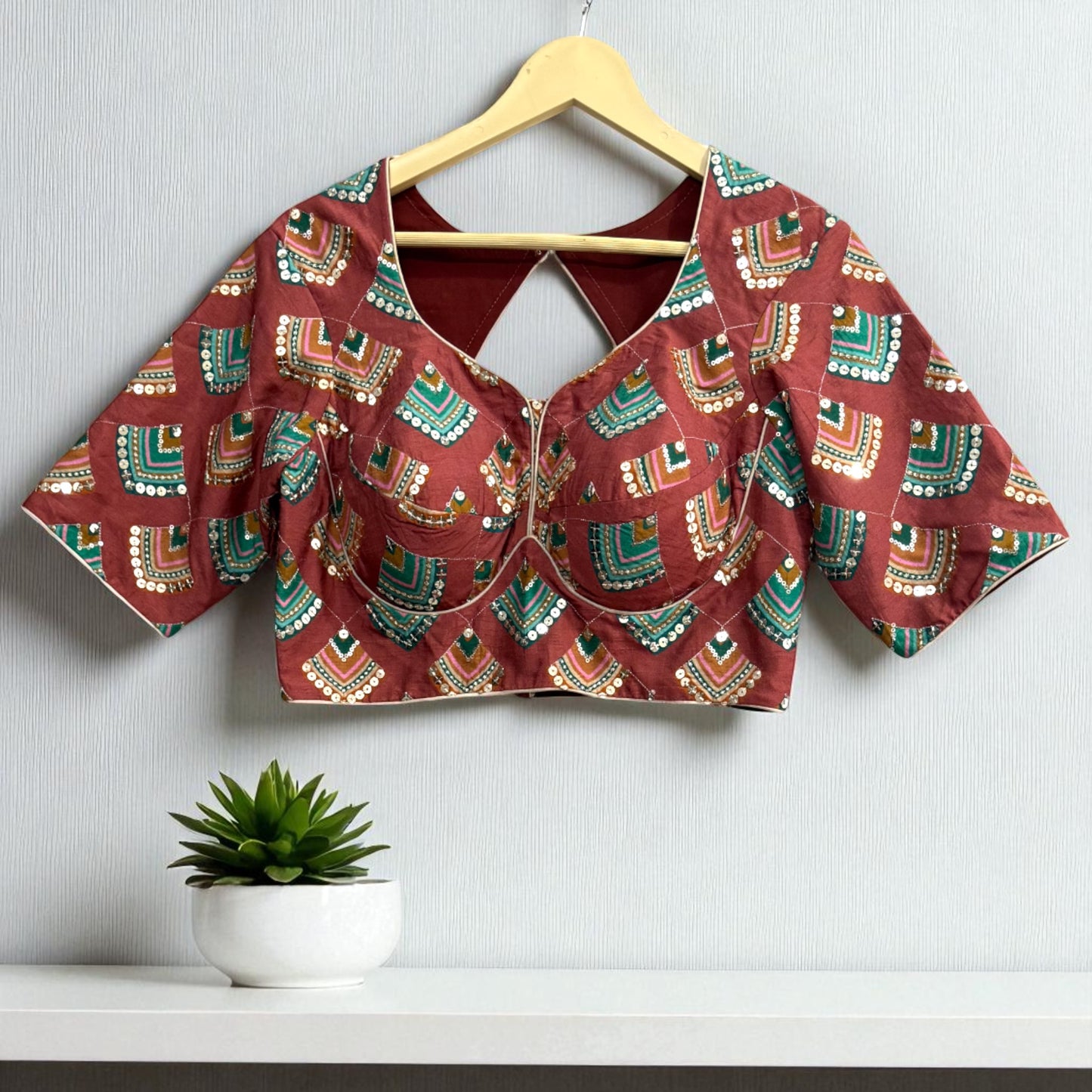 Teal Green Tissue Saree with Geometric Design Sequin Blouse