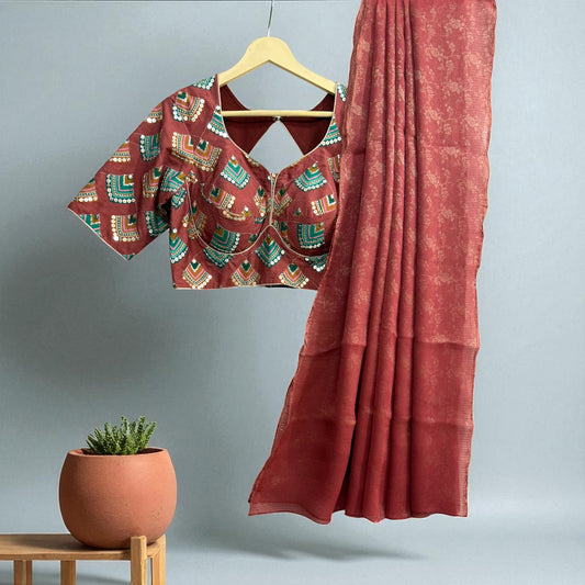 Brick Orange Tissue Saree with Geometric design sequence Blouse