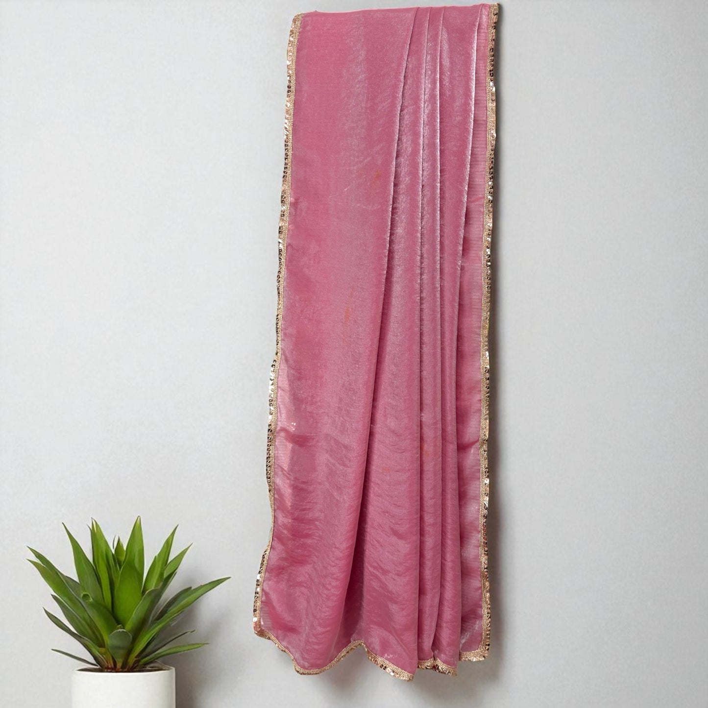 Rose Glow Pink Shimmer Saree with Embroidered Cream Blouse