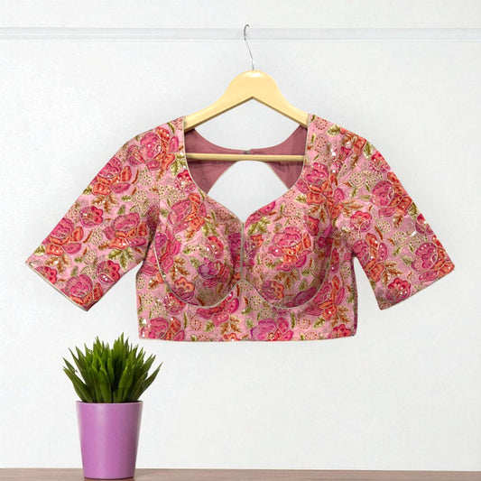 Pink Floral Rich Sequenced Embroidered Designer Blouse