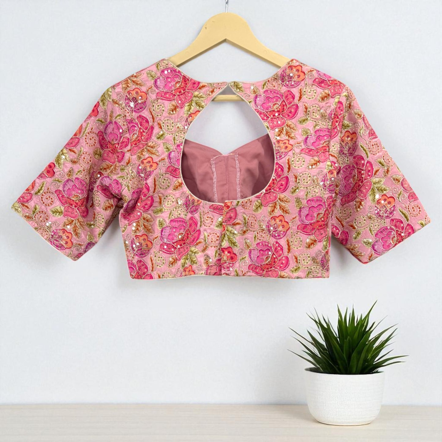 Pink Floral Rich Sequenced Embroidered Designer Blouse