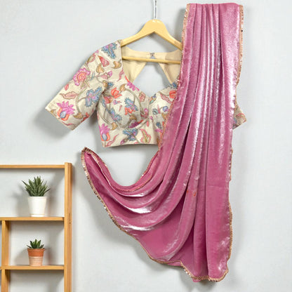 Rose Glow Pink Shimmer Saree with Embroidered Cream Blouse