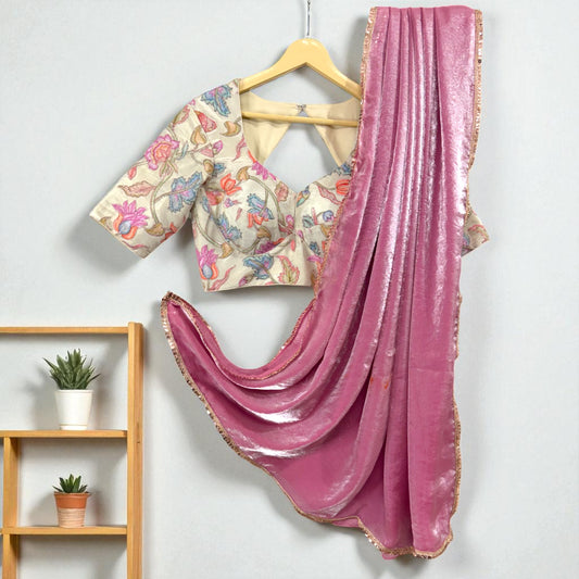 Rose Glow Pink Shimmer Saree with Embroidered Cream Blouse