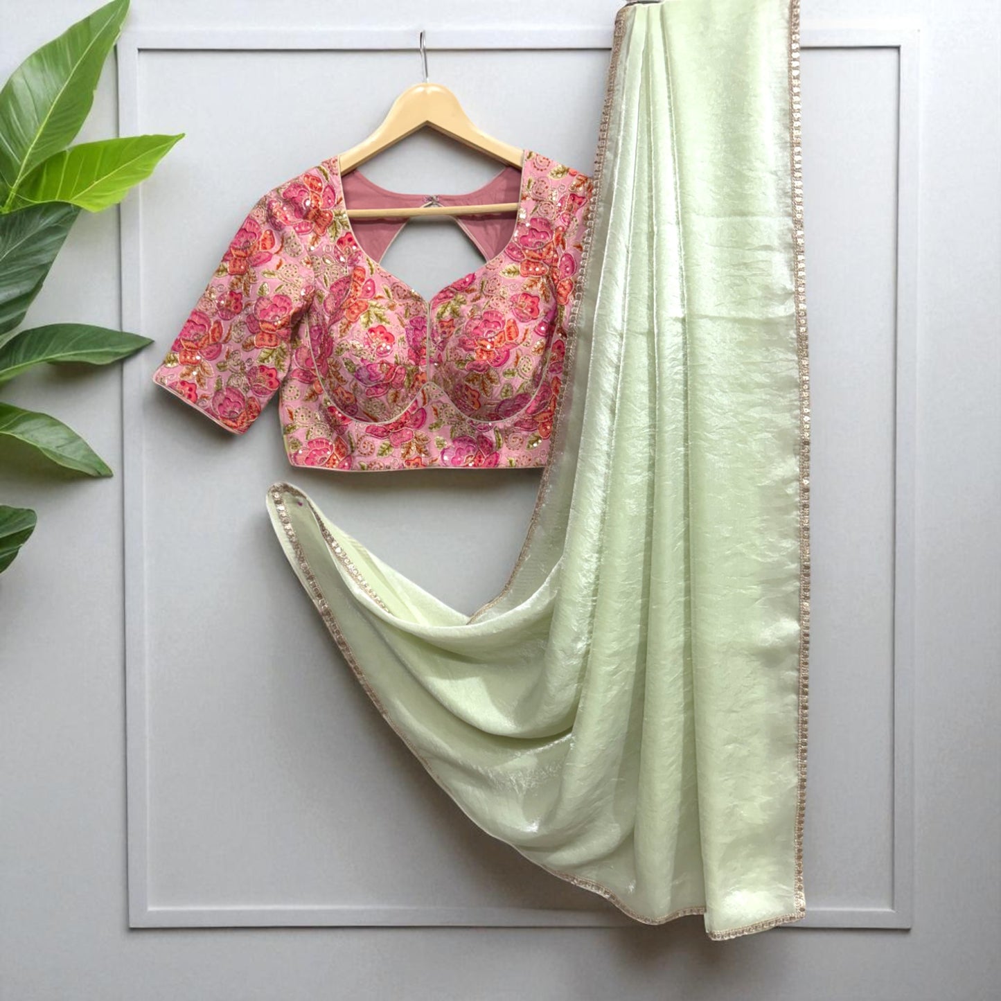 Sea Green Jimmy choo Saree with Pink Floral embrodiery Sequence  Blouse