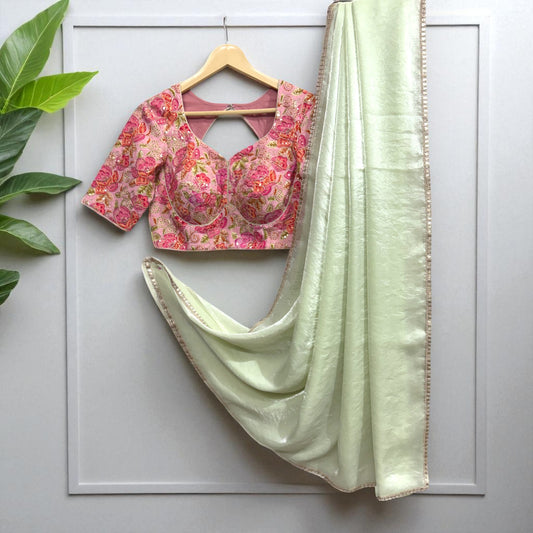 Sea Green Jimmy choo Saree with Pink Floral embrodiery Sequence  Blouse