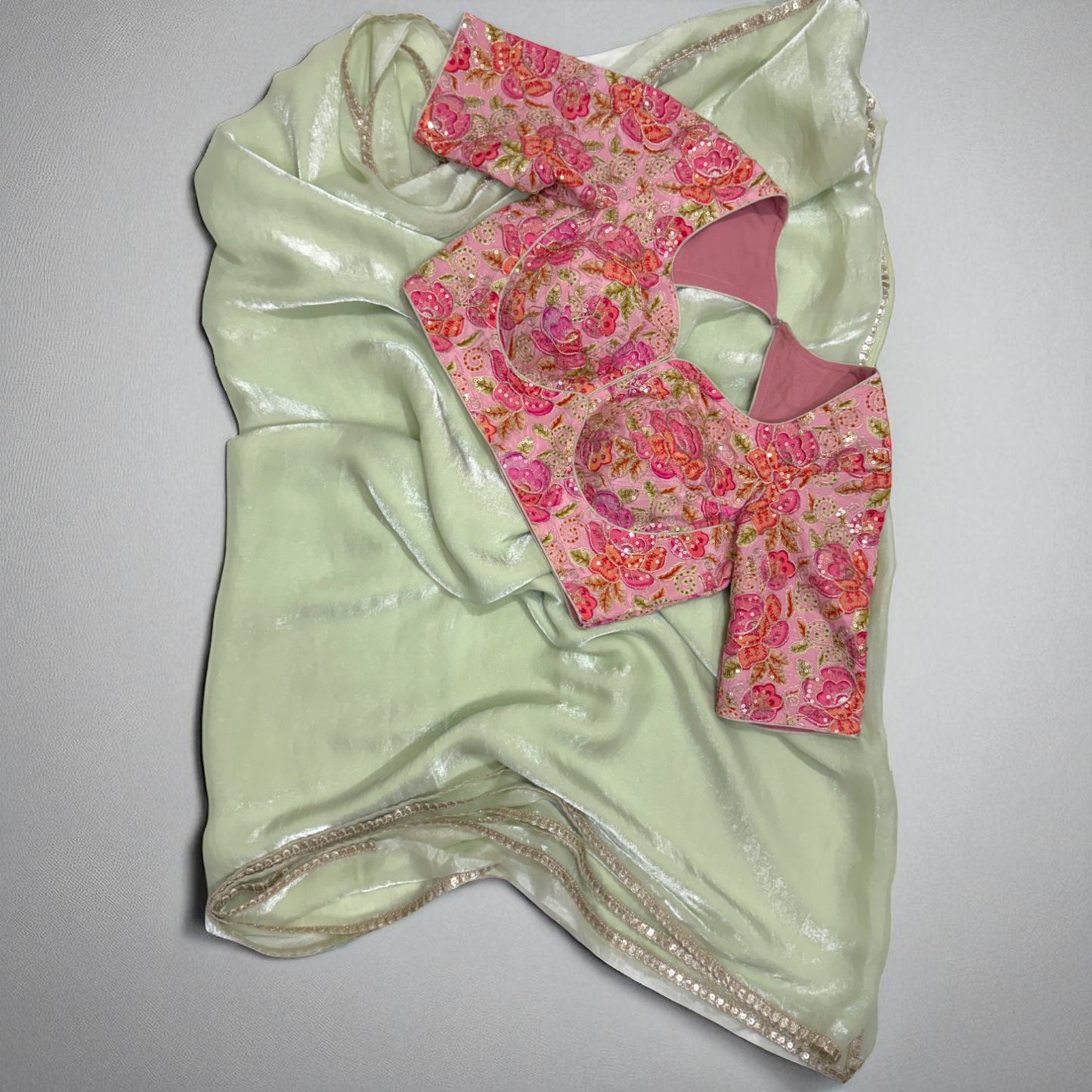 Sea Green Jimmy choo Saree with Pink Floral embrodiery Sequence  Blouse