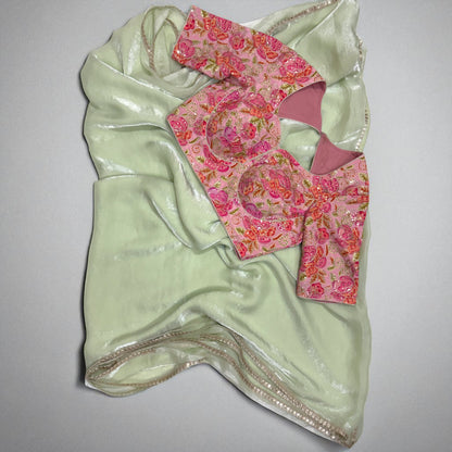 Sea Green Jimmy choo Saree with Pink Floral embrodiery Sequence  Blouse