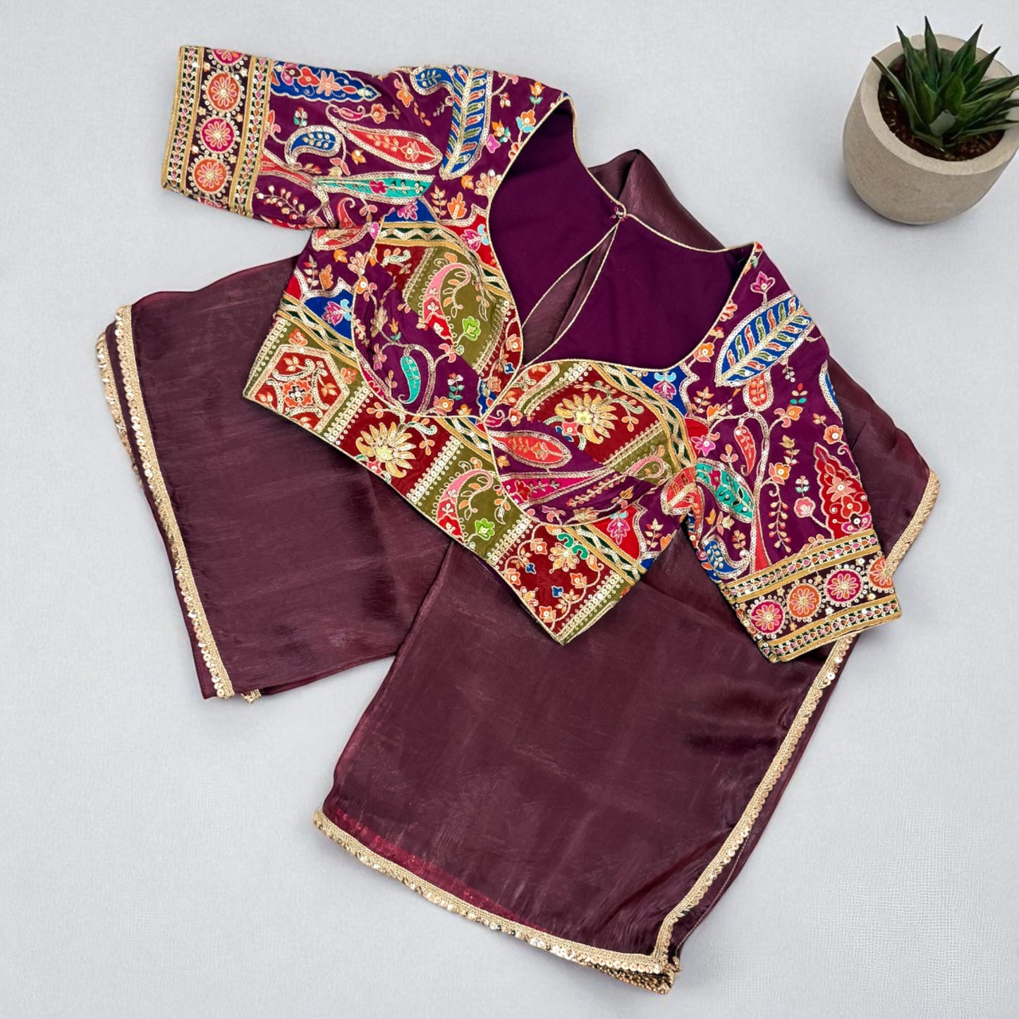 Maroon Organza Saree with Multicolor Embroidered sequence Designer Blouse