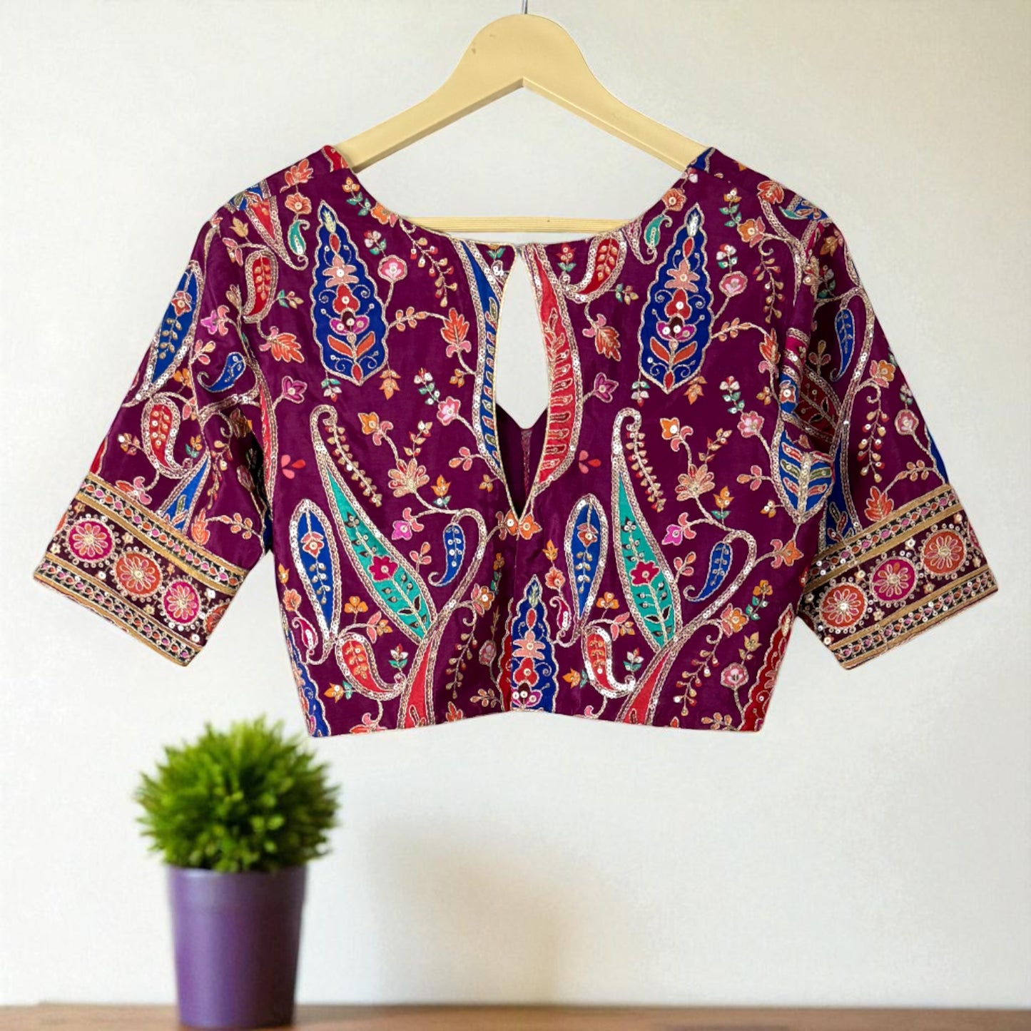 Wine coloured Rich Sequence and  Embroidered Designer Blouse
