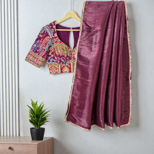 Maroon Organza Saree with Multicolor Embroidered sequence Designer Blouse