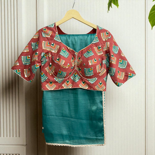 Teal Organza Saree with Rust Geometric Sequence-Work Blouse