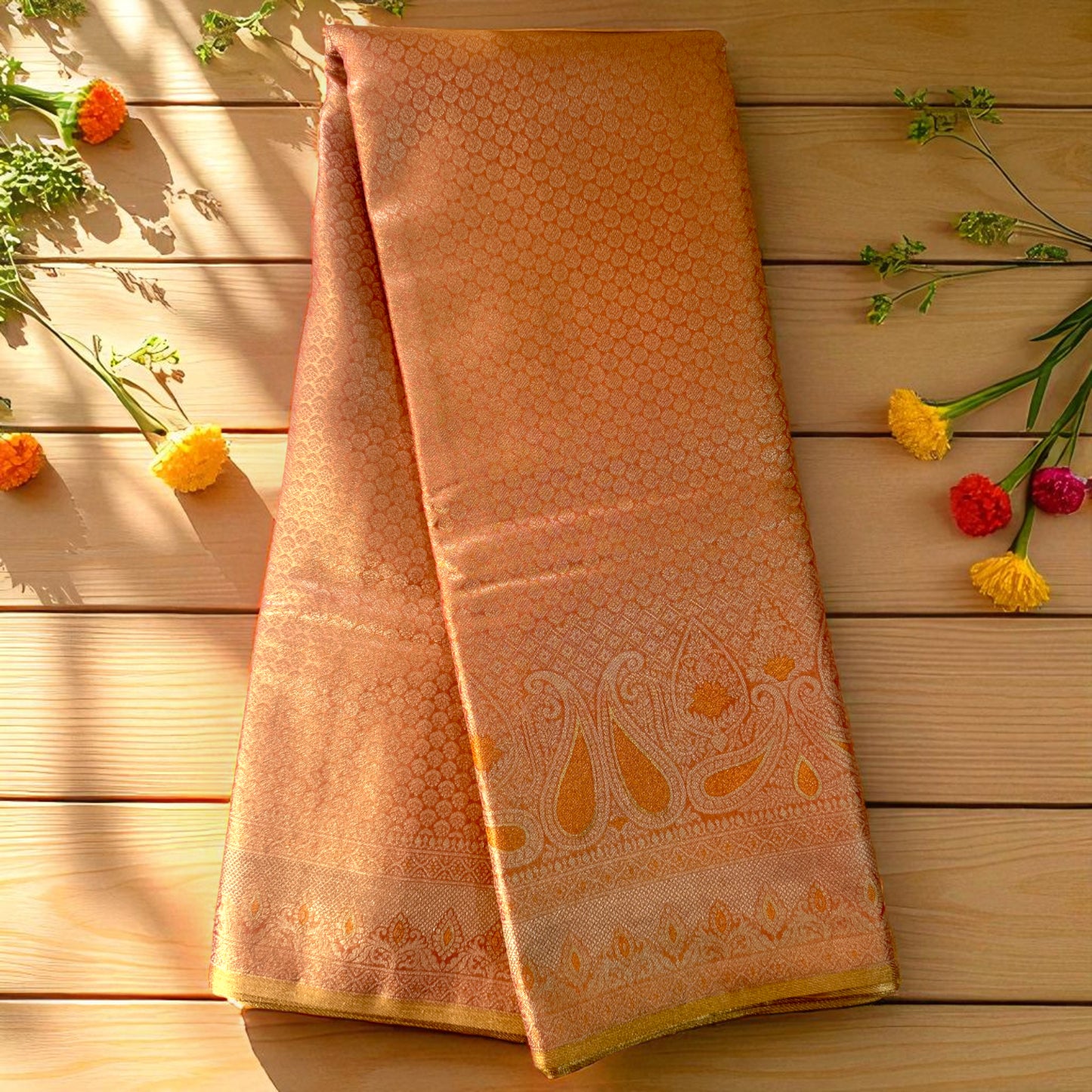 Peach Zari Woven Silk Saree