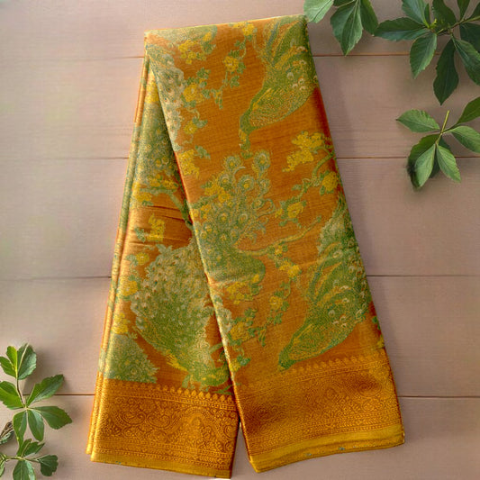 Bronze Tissue saree with Peacock Motifs