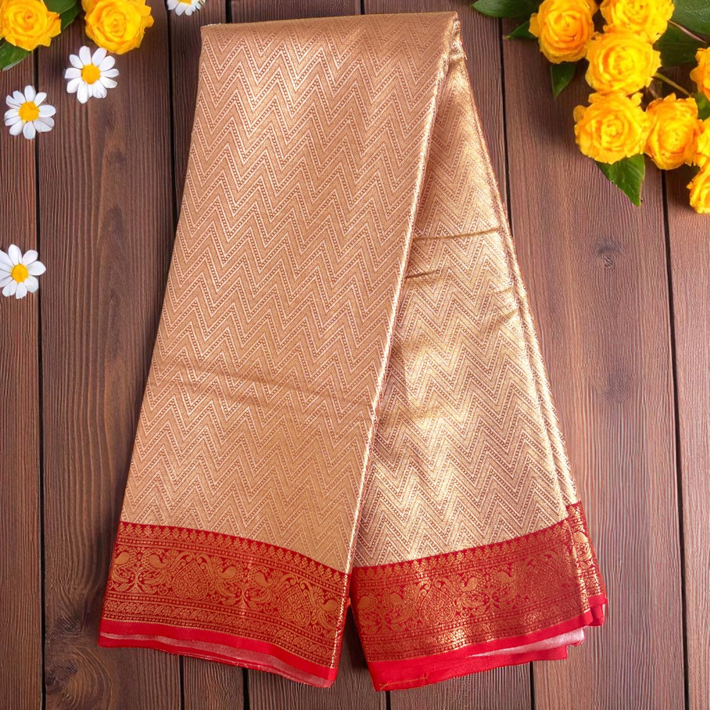 Golden Tissue Saree With Red Border and Patola Inspired blouse