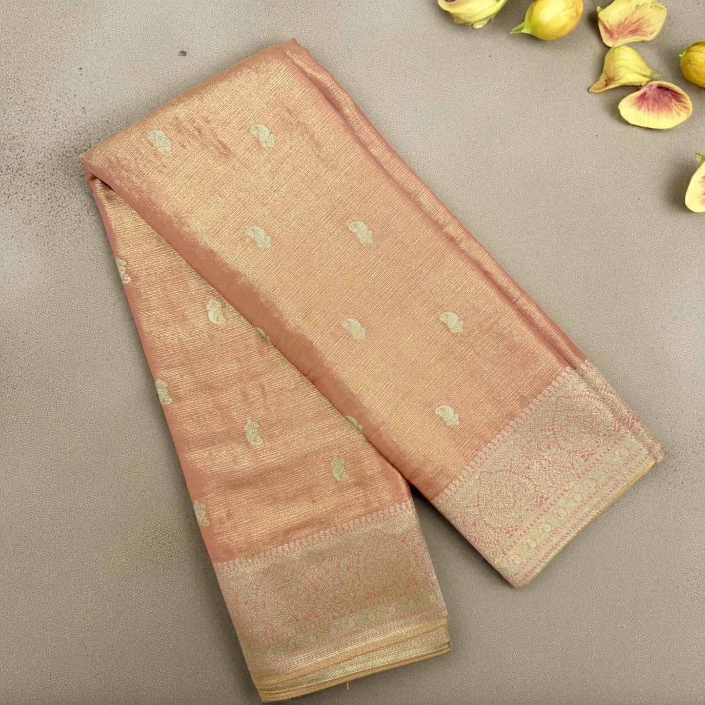 Peach Gold Tissue Saree with Intricate Zari Weaving