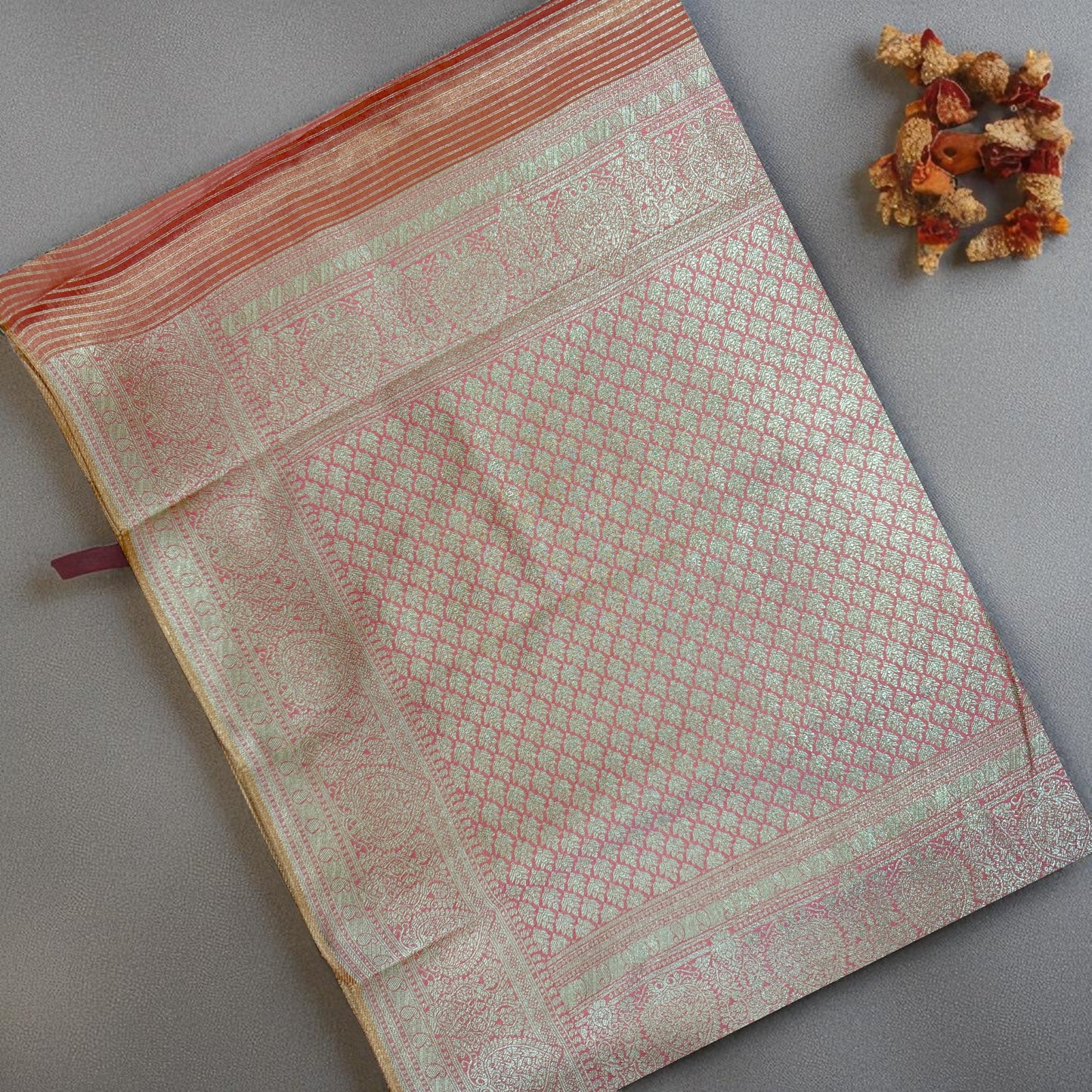 Peach Gold Tissue Saree with Intricate Zari Weaving