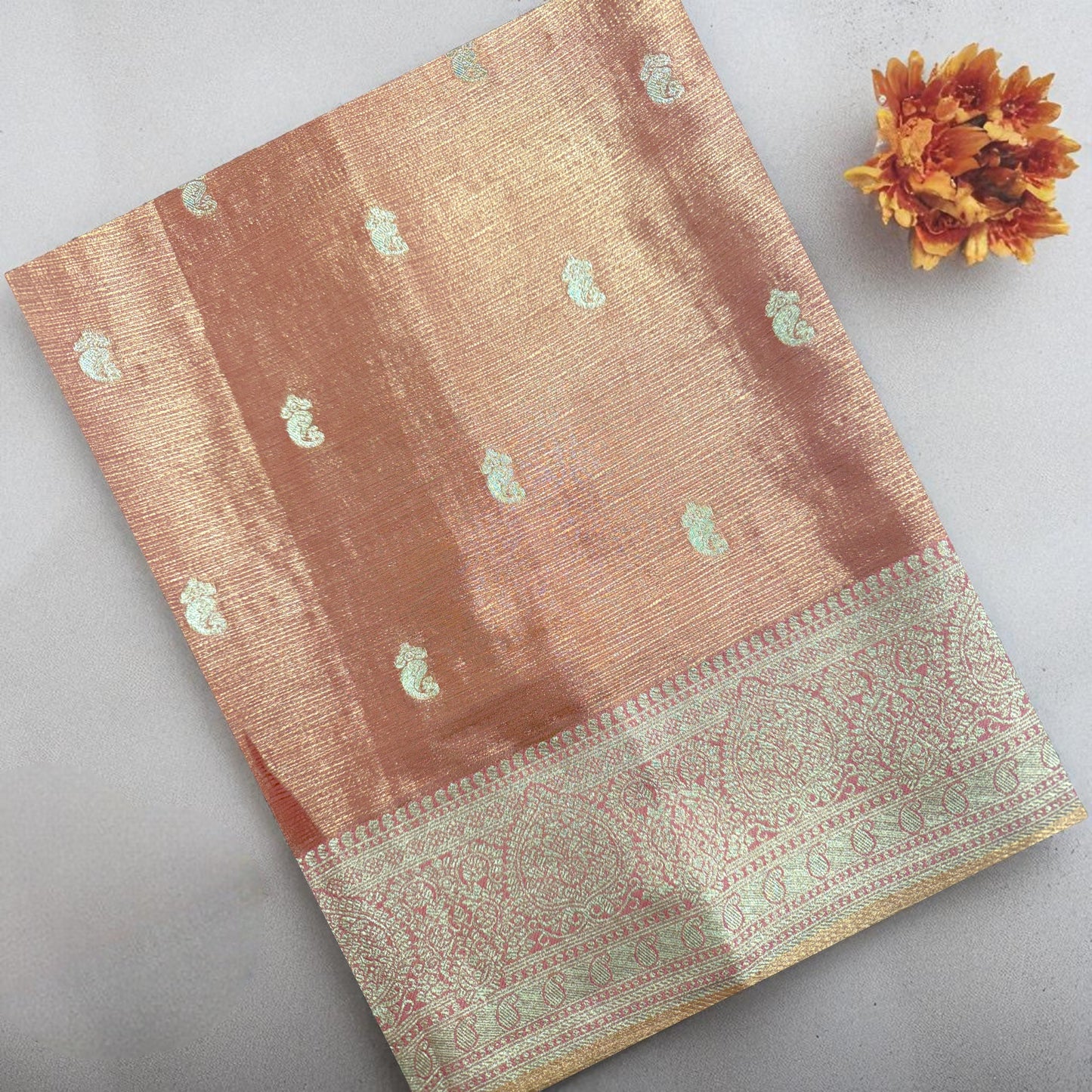 Peach Gold Tissue Saree with Intricate Zari Weaving