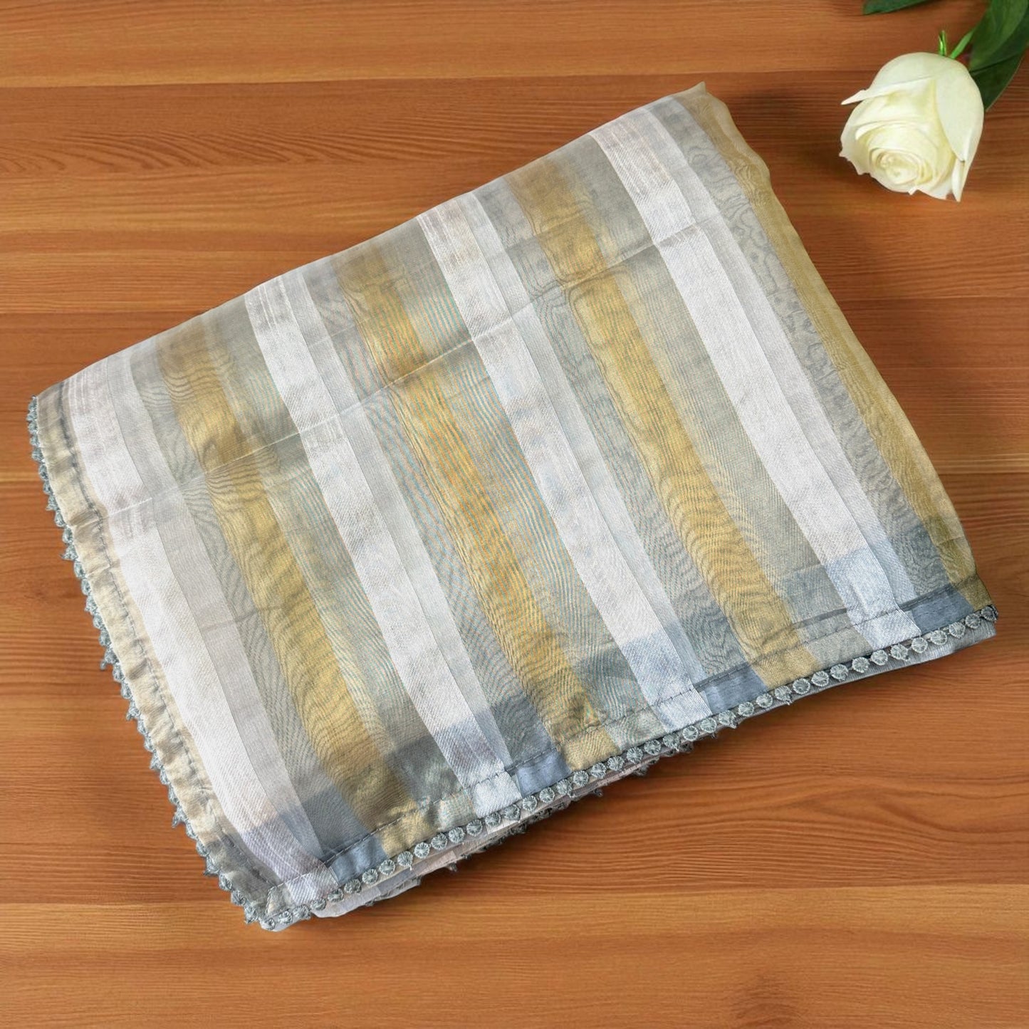 Elegant Grey Striped Organza Saree with Hand-Embroidered Floral Blouse (Copy)